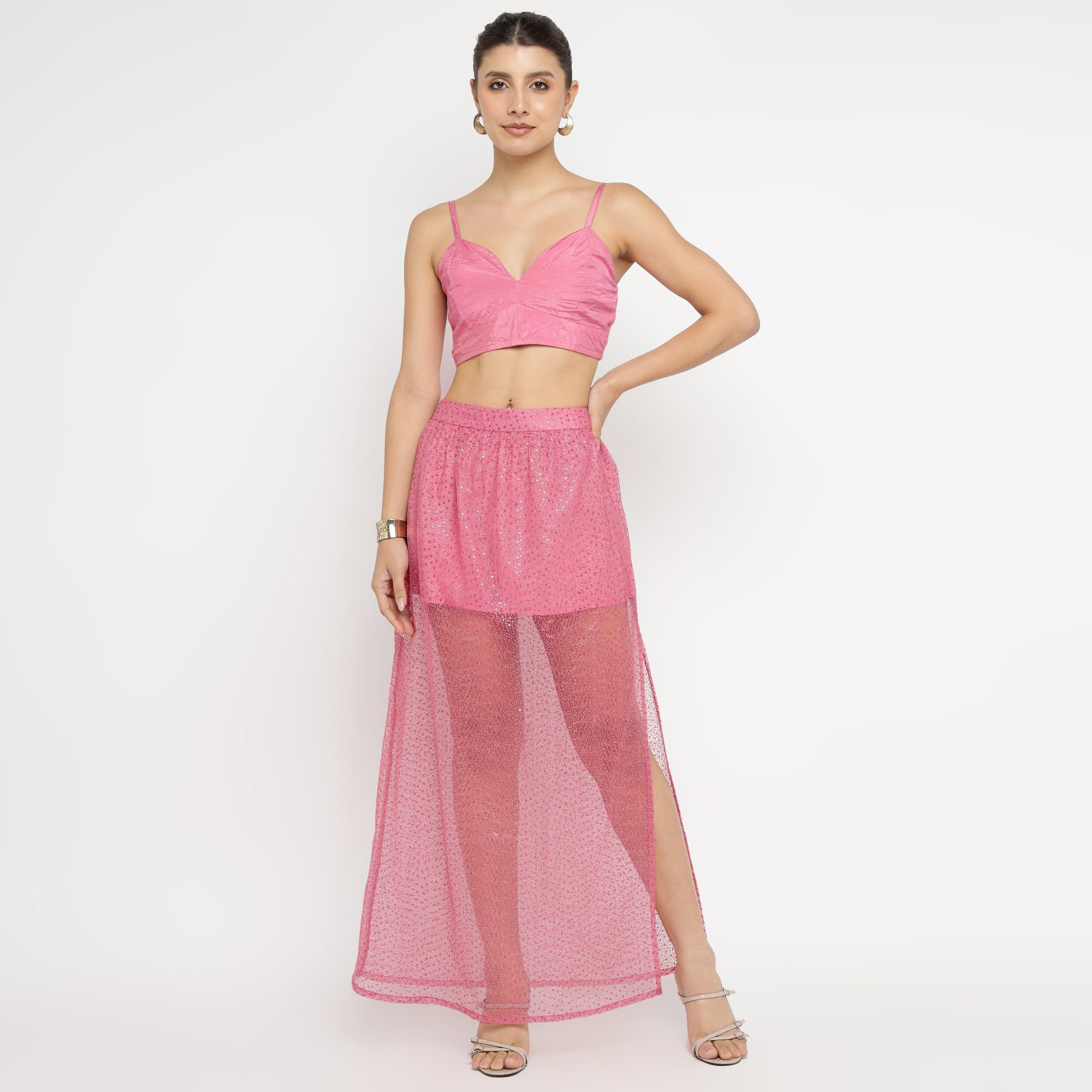 Pink Ruched Bralette & Sequin Mesh Overlay Skirt Co-ord Set